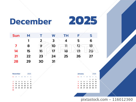 December 2025 Calendar. Week start on Sunday. Desk calendar 2025 design, simple and clean design, Wall calendar for print, digital calendar, Corporate design planner template vector. 116012360