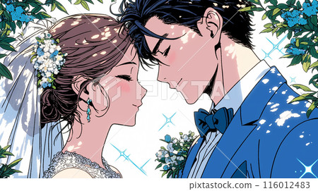 Bride and groom looking at each other at wedding ceremony: kiss Bride and groom looking at each other at wedding ceremony: kiss 116012483
