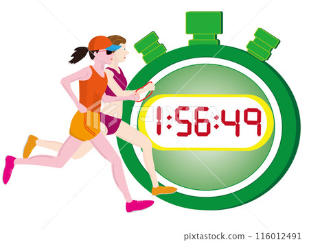 This is an illustration of a visually impaired person running a marathon. The time is measured with a stopwatch. 116012491