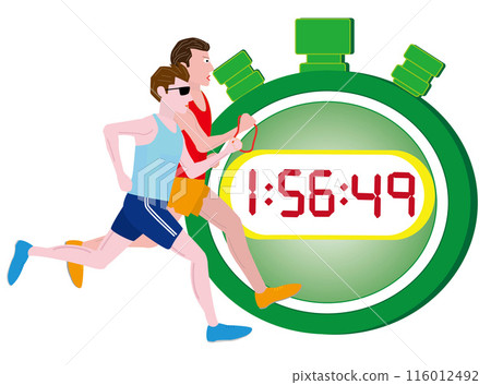 This is an illustration of a visually impaired person running a marathon. The time is measured with a stopwatch. 116012492