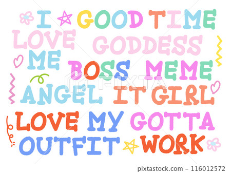 Wordings of good times, goddess, boss, meme, IT girl, gotta work, love my outfit for font, typography, shirt print, cute patches, sticker, campaign badge, decoration, label, sign, symbol, social media Wordings of good times, goddess, boss, meme, IT girl, gotta work, love my outfit for font, typography, shirt print, cute patches, sticker, campaign badge, decoration, label, sign, symbol, social media 116012572