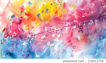 Abstract Background - A vibrant abstract watercolor with musical notes, blending pink, yellow, and blue hues Abstract Background - A vibrant abstract watercolor with musical notes, blending pink, yellow, and blue hues 116012746