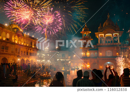 Hindu people come together to celebrate by lighting fireworks during the Diwali festival 116012838