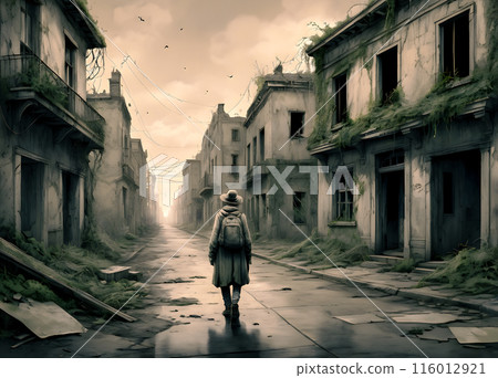 Hauntingly illustration of a solitary figure standing  116012921