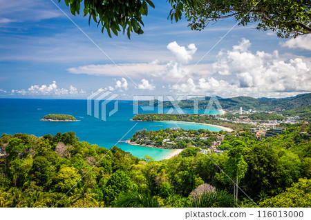 Kata-Karon Beach at the 3 Bay Viewpoint is a popular tourist spot for summer holidays in Phuket Thailand. 116013000