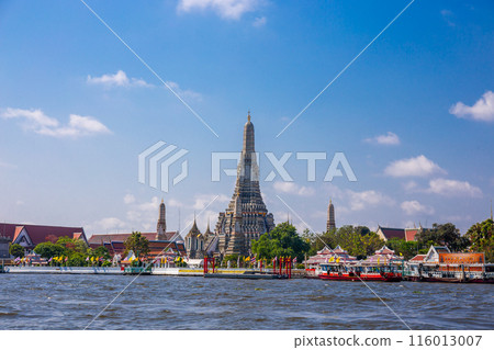 Wat Arun with the Chao Phraya River in front of it is a popular destination for tourists around the world. Bangkok Thailand 116013007