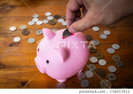 hand drops a one hundred coin into a pink pig piggy bank on a wooden table with many yen coins. hand drops a one hundred coin into a pink pig piggy bank on a wooden table with many yen coins. 116013012