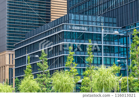 Tokyo cityscape in Japan, with a view of the greenery shining in the business district and the Japan Bankers Association (Otemachi Station, at the bottom of the screen) - June 22nd 116013021