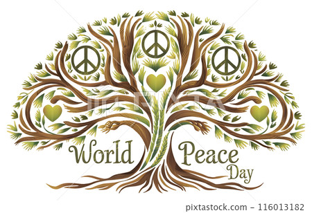 World Peace Day template featuring a tree with branches forming peace symbols and heart shapes. 116013182