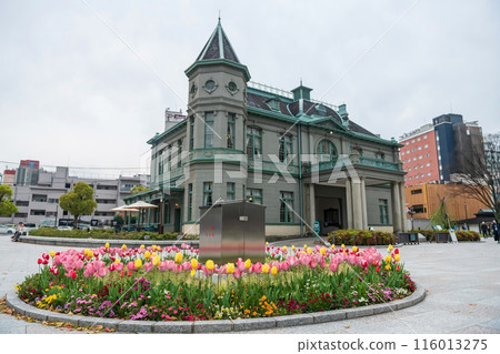 colorful tulip flowers at european building kihinkan hall, Fukuoka colorful tulip flowers at european building kihinkan hall, Fukuoka 116013275