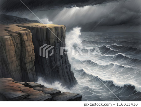 Lonely, alone, Looking out over a turbulent sea  116013410