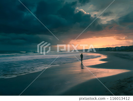 Lonely; Sad; Alone; Empty Beach at Dusk: a lone person 116013412