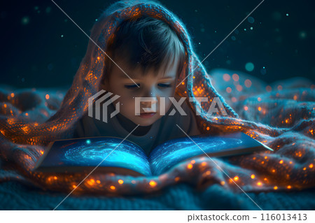 Little Children a boy is reading a a story magic book 116013413