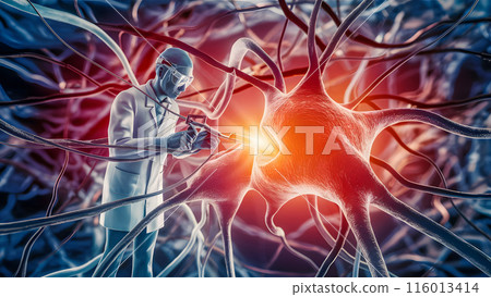 Neural membrane maintenance process. A humanoid scientist in a lab coat and safety goggles stands  116013414