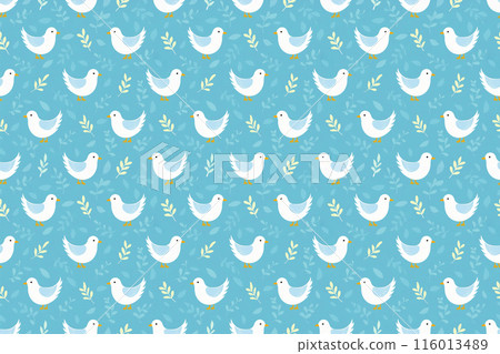 White doves seamless pattern on blue background 116013489