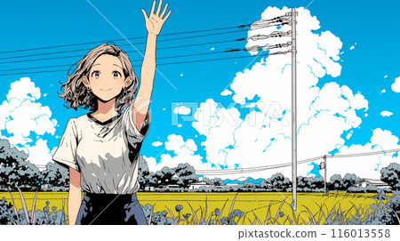 年輕女子揮手打招呼 年輕女子揮手打招呼 116013558