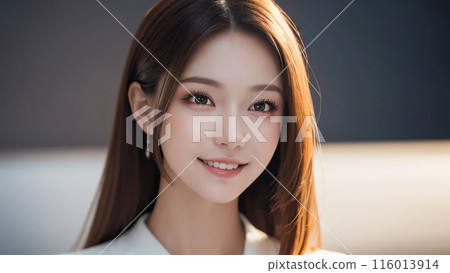 A woman with long hair smiling kindly A woman with long hair smiling kindly 116013914