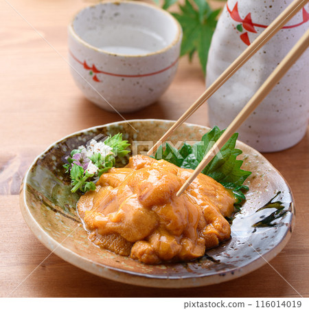 Sea urchin and sake served on a Japanese plate 116014019
