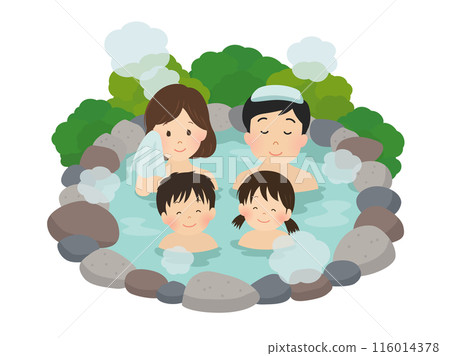 Vector illustration of a family of four entering a hot spring 116014378