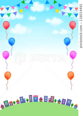 夏季活動背景城市景觀、氣球和垂直花環 夏季活動背景城市景觀、氣球和垂直花環 116014492