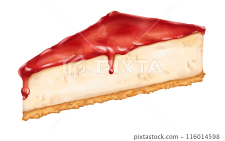 Fresh cheesecake with strawberry jam layer. Sweet dessert, homemade cakes. The exquisite delicacy is perfect for cooking recipes, cafe menus and dessert books. Digital Isolated Illustration 116014598
