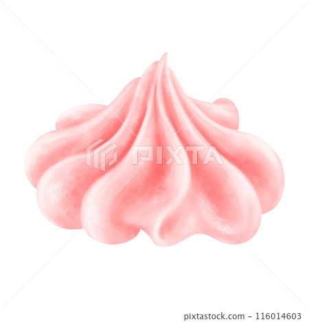 A drop of pink sweet strawberry cream in the shape of a rose. A delicious meringue dessert made with a pastry bag. Decor for cakes and pies for holidays and parties. Isolated digital illustration A drop of pink sweet strawberry cream in the shape of a rose. A delicious meringue dessert made with a pastry bag. Decor for cakes and pies for holidays and parties. Isolated digital illustration 116014603