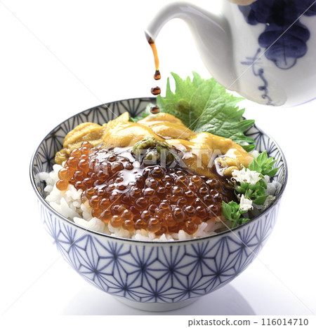 The best seafood bowl: Sea urchin and salmon roe bowl (white background) The best seafood bowl: Sea urchin and salmon roe bowl (white background) 116014710