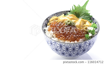 The best seafood bowl: Sea urchin and salmon roe bowl (white background) The best seafood bowl: Sea urchin and salmon roe bowl (white background) 116014712