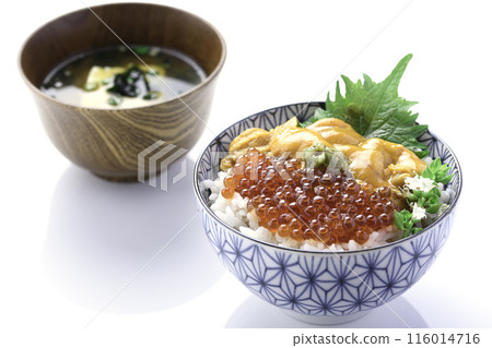 The best seafood bowl: Sea urchin and salmon roe bowl (white background) 116014716