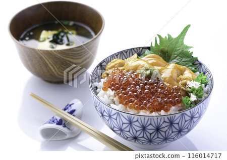 The best seafood bowl: Sea urchin and salmon roe bowl (white background) 116014717