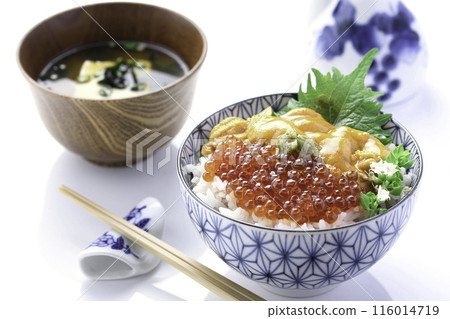 The best seafood bowl: Sea urchin and salmon roe bowl (white background) 116014719