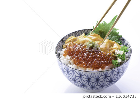 The best seafood bowl: Sea urchin and salmon roe bowl (white background) 116014735
