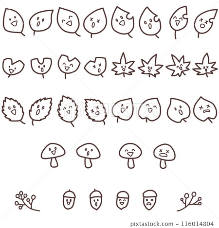 A set of illustrations of leaves, mushrooms and acorns in various shapes with various expressions A set of illustrations of leaves, mushrooms and acorns in various shapes with various expressions 116014804