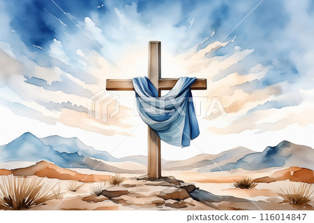 Cross in the desert, watercolor image 116014847