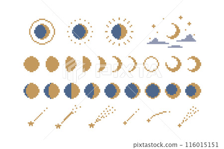 Dot art: Simple and cute illustration decoration set of the moon and shooting stars. Moon phases, lunar age, full moon, crescent moon, pixel 116015151