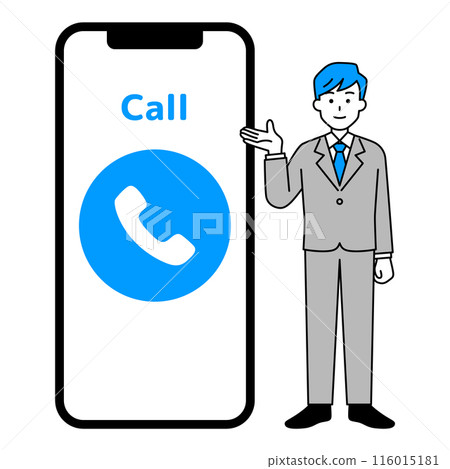 A man in a suit and a large smartphone with a phone symbol on it 116015181