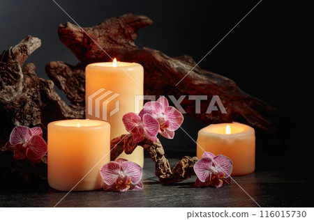Orchid flowers, burning candles, and old wooden snags on a black background. 116015730