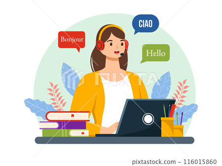 Translator Service Vector Illustration with Language Translation for Various Countries and Multilanguage Using Dictionary in a Flat Cartoon Background 116015860