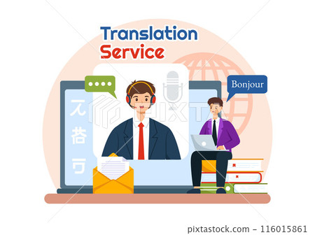 Translator Service Vector Illustration with Language Translation for Various Countries and Multilanguage Using Dictionary in a Flat Cartoon Background Translator Service Vector Illustration with Language Translation for Various Countries and Multilanguage Using Dictionary in a Flat Cartoon Background 116015861