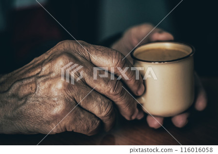 Anonymous senior person holding coffee cup in hands 116016058
