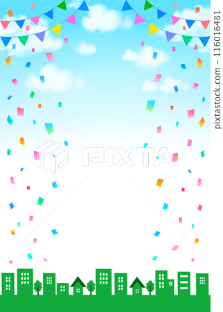 Event background: Green, cityscape, confetti and garland, vertical 116016481