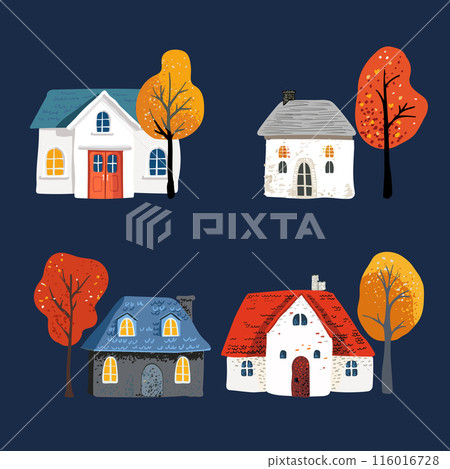Set cartoon Village House with a roof. Folk yellow red leaves on a tree. Night on Postcard and poster. For print and textiles 116016728