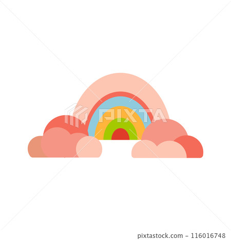 Geometric rainbow icon with soft pastel colors and rounded clouds, ideal for birthday and festive themes. The design features simple shapes in a whimsical style on a white background... 116016748