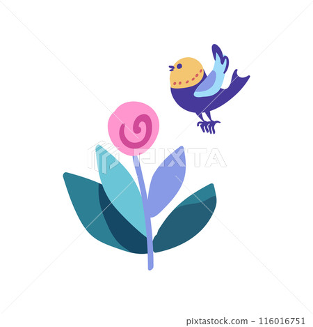 Minimalist graphic featuring a branch with a pink flower and a bird. Simple and elegant design suitable for various decorative purposes 116016751