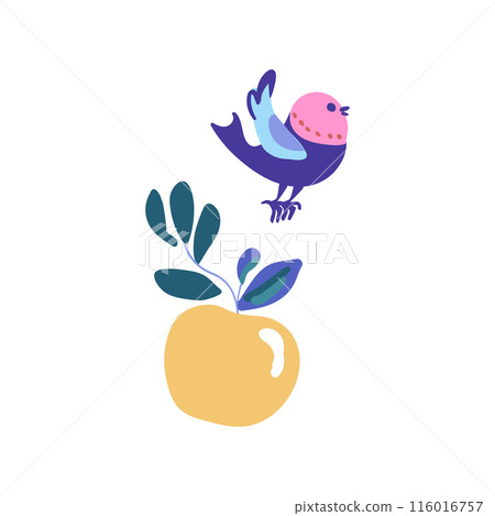 Yellow apple on a branch with a bird, depicted in a charming folklore style. The design is colorful and whimsical Yellow apple on a branch with a bird, depicted in a charming folklore style. The design is colorful and whimsical 116016757