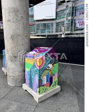 Colorfully painted trash cans in Canada 116017149