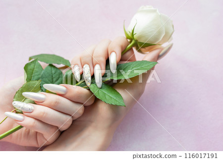 Female Hands with beautiful pearl manicure 116017191