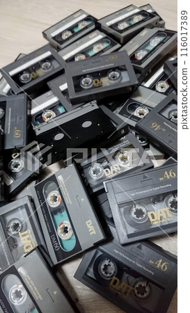 A pile of old DAT tapes stacked up for disposal 116017389
