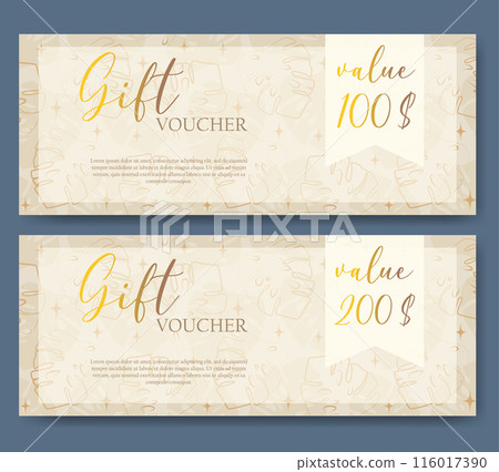 Summer gift voucher template. Set of elegant voucher with floral pattern in neutral colors. Vector template 116017390
