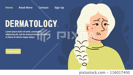 Girl with dermatology problem banner. Cartoon scene skin problem isolated on white background. Girl with dermatology problem banner. Cartoon scene skin problem isolated on white background. 116017400